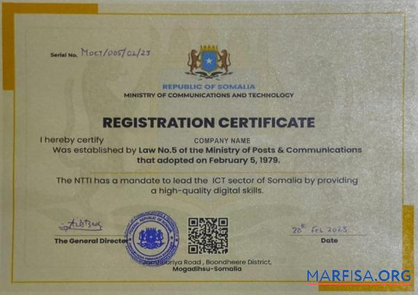 Printable Somalia Registration Certificate real example